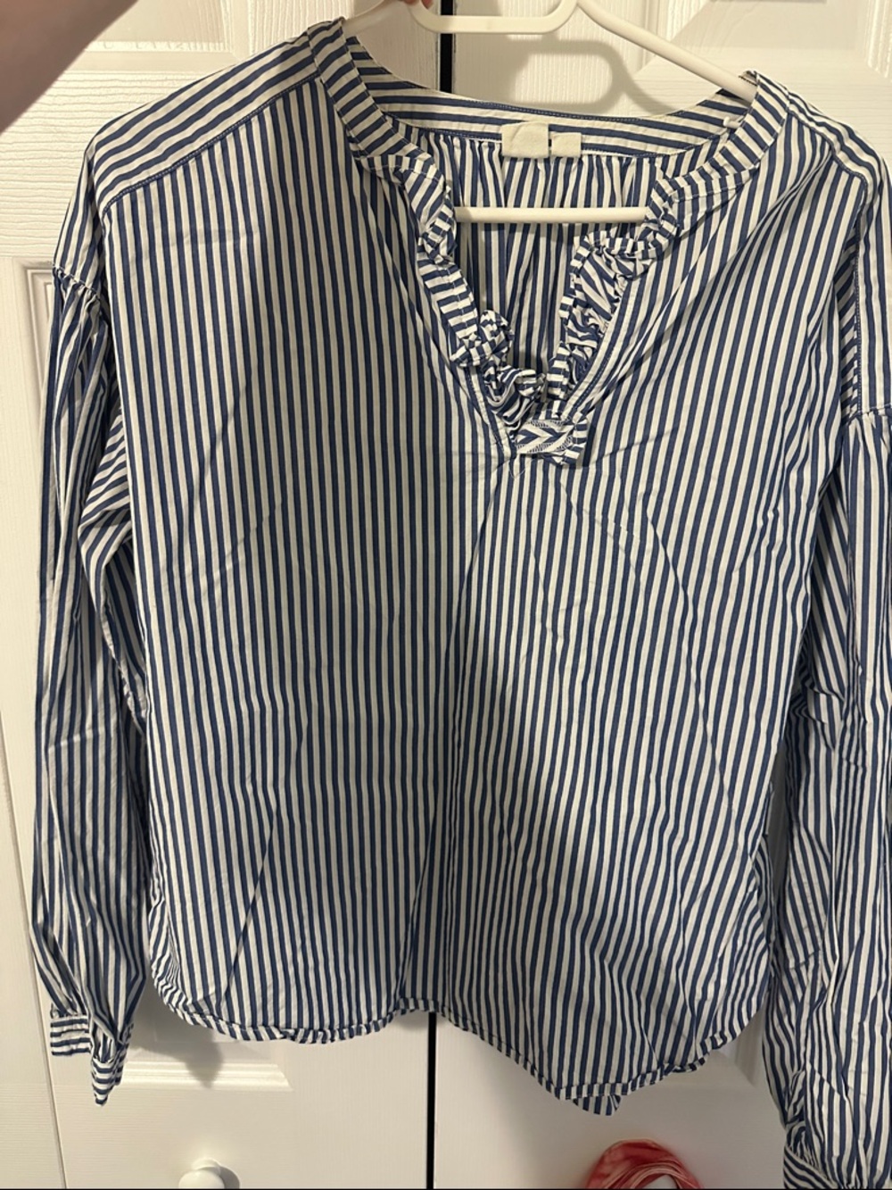 GAP Blue and White Striped Ruffle V-Neck Blouse